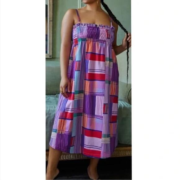 Eloqui Shift Dress Smocked Bodice Empire Gathered‎ Color Block Midi plus size 26 - Picture 2 of 16